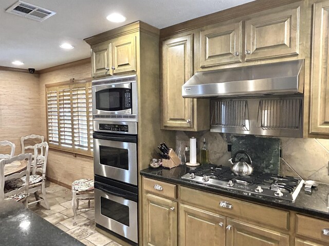 kitchen with backsplash, dark stone countertops, and stainless steel appliances