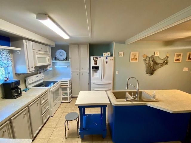 1228 Bahama Ln, Port Bolivar, TX 77650 - kitchen with white appliances, a sink, open shelves, light tile patterned flooring, and light countertops