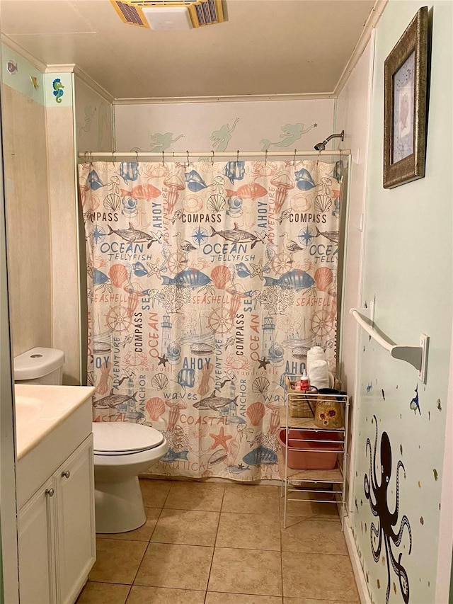 1228 Bahama Ln, Port Bolivar, TX 77650 - bathroom featuring toilet, tile patterned flooring, vanity, a shower with curtain, and crown molding