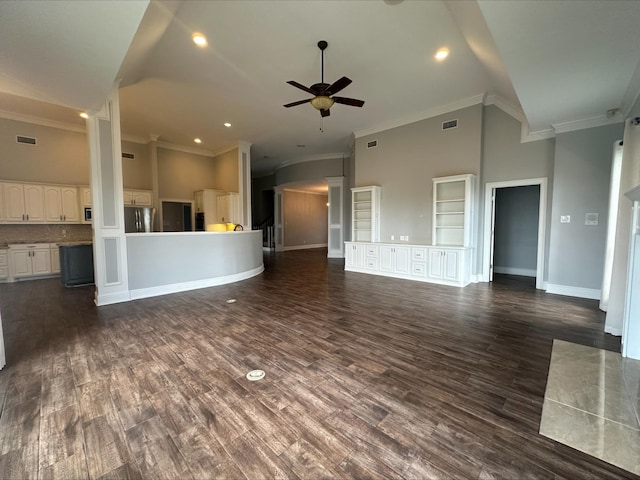 unfurnished living room with built in features, dark hardwood / wood-style floors, high vaulted ceiling, and ceiling fan