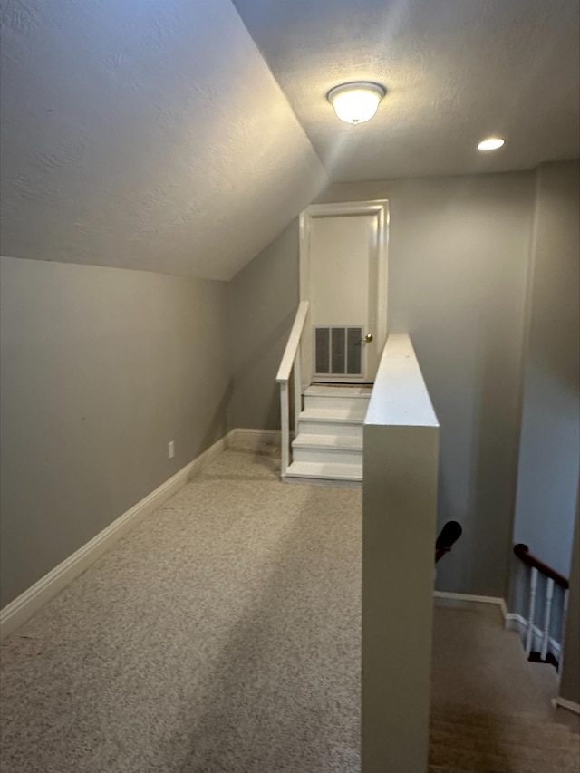 additional living space with carpet, lofted ceiling, and a textured ceiling