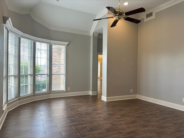 spare room with vaulted ceiling, ceiling fan, and crown molding