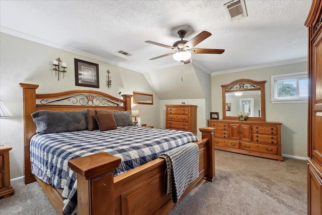 bedroom featuring crown molding, light carpet, a textured ceiling, and visible vents