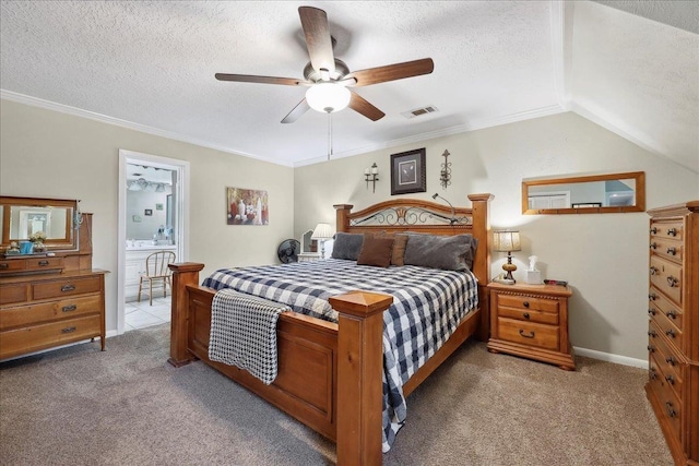 bedroom featuring ceiling fan, light carpet, a textured ceiling, ensuite bathroom, and visible vents