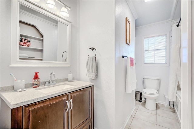 bathroom featuring tile patterned floors, toilet, vanity, and ornamental molding