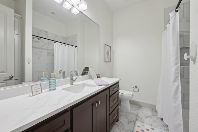 full bathroom with toilet, marble finish floor, vanity, and a shower with shower curtain