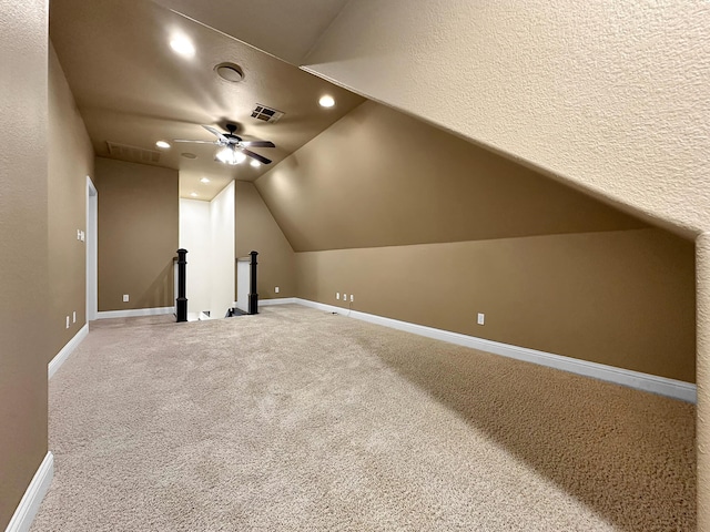 bonus room with lofted ceiling, ceiling fan, visible vents, carpet floors, and recessed lighting