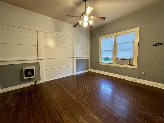 unfurnished living room featuring cooling unit, heating unit, ceiling fan, and hardwood / wood-style flooring