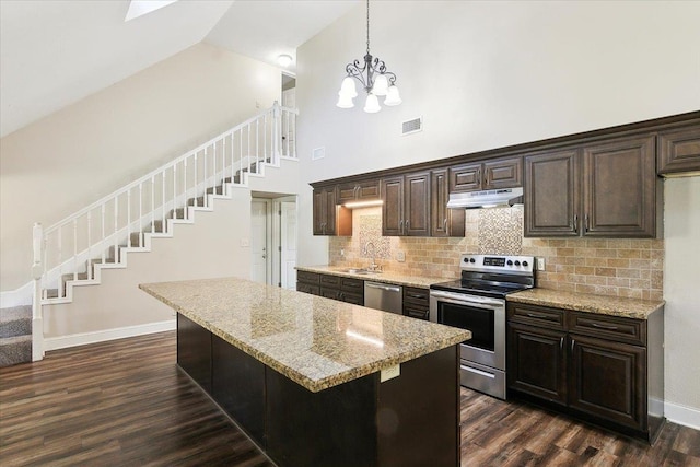 kitchen with dark brown cabinets, a center island, and stainless steel appliances