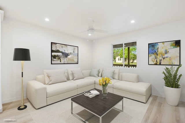 381 Perryman St, New Braunfels, TX 78130 - living room with recessed lighting, ceiling fan, and wood finished floors