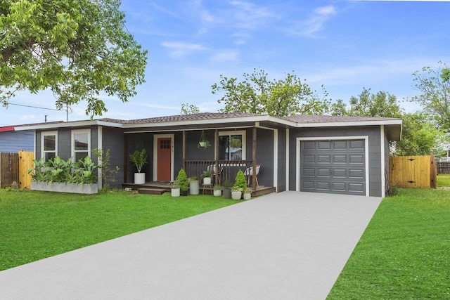 381 Perryman St, New Braunfels, TX 78130 - view of front of home with a porch, an attached garage, fence, and concrete driveway