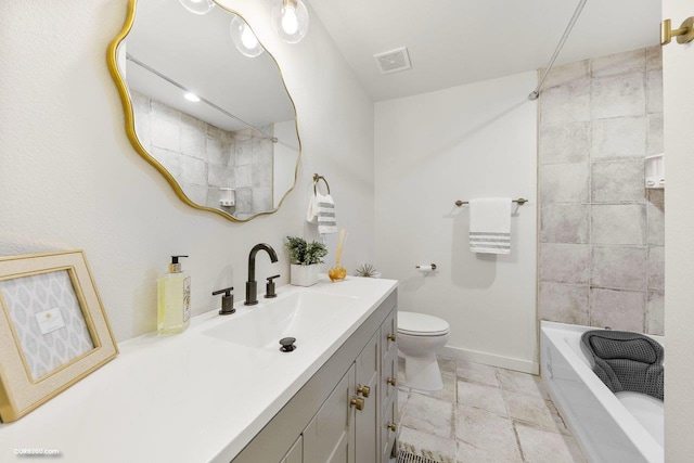 381 Perryman St, New Braunfels, TX 78130 - bathroom with visible vents, baseboards, vanity, toilet, and  shower combination