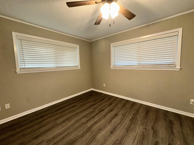 102 Ash Ln, Village Mills, TX 77663 - unfurnished room featuring baseboards, ornamental molding, a ceiling fan, and dark wood-style floors