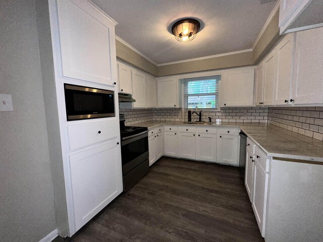 102 Ash Ln, Village Mills, TX 77663 - kitchen with crown molding, dark wood-style flooring, white cabinets, appliances with stainless steel finishes, and a sink