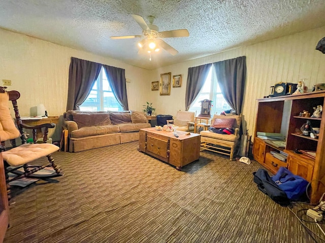3832 W Park Ave, Orange, TX 77630 - carpeted living room with a textured ceiling and a ceiling fan