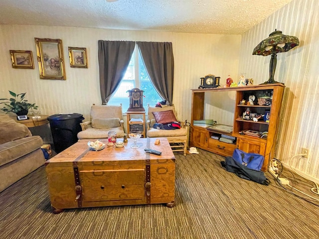 3832 W Park Ave, Orange, TX 77630 - living area featuring dark colored carpet and a textured ceiling