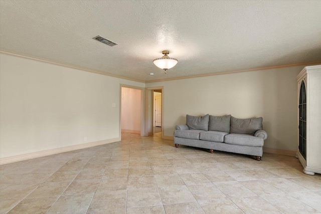 living room featuring a textured ceiling and ornamental molding