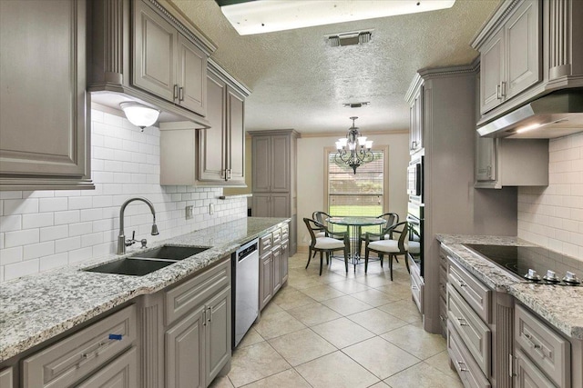 kitchen with dishwasher, sink, hanging light fixtures, a notable chandelier, and crown molding