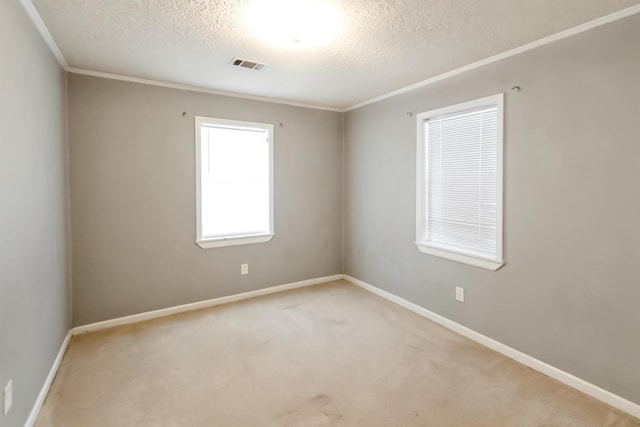 empty room featuring light colored carpet, ornamental molding, and a textured ceiling