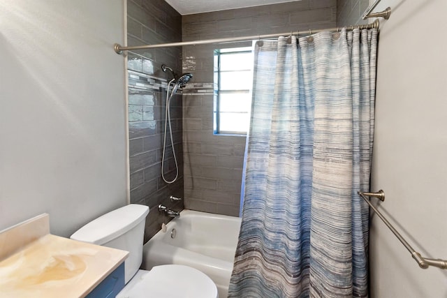 full bathroom with vanity, toilet, and shower / bathtub combination with curtain