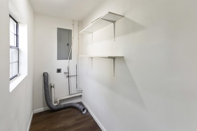 clothes washing area with hardwood / wood-style floors, electric dryer hookup, gas dryer hookup, and electric panel