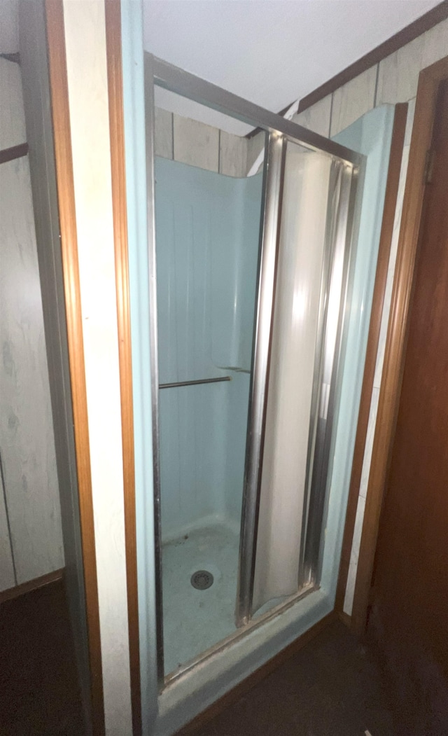 bathroom with a shower with shower door