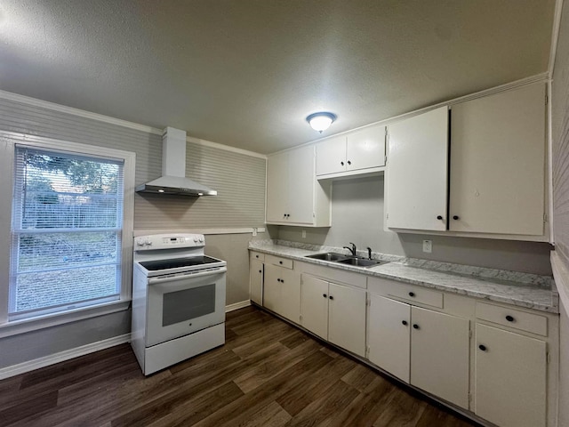 kitchen with dark wood-type flooring, sink, white cabinetry, white range with electric stovetop, and wall chimney range hood