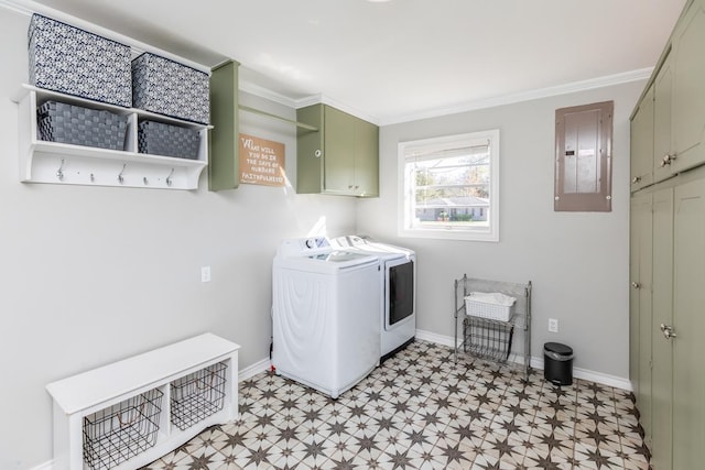 laundry room featuring cabinets, separate washer and dryer, crown molding, and electric panel