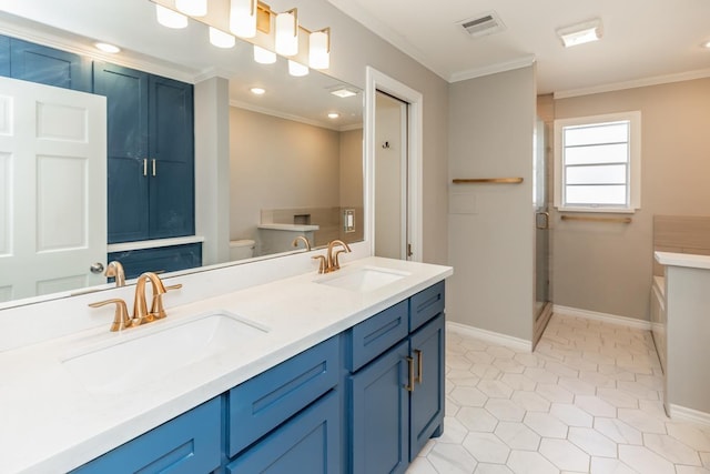 full bathroom with plus walk in shower, tile patterned flooring, crown molding, toilet, and vanity