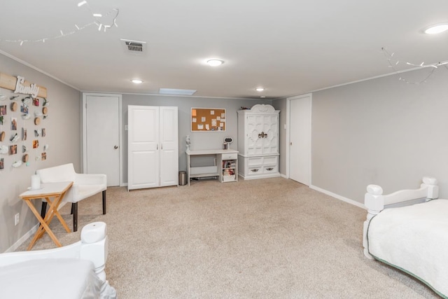 living area with light colored carpet