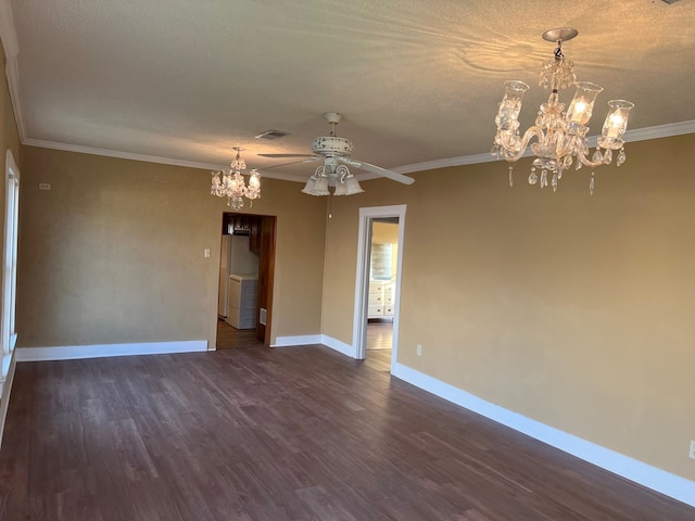 unfurnished room featuring baseboards, visible vents, dark wood finished floors, ornamental molding, and ceiling fan with notable chandelier