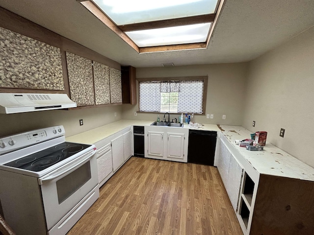 138 Ned Rd, Lumberton, TX 77657 - kitchen featuring white electric stove, under cabinet range hood, dishwasher, a sink, and light wood-style floors