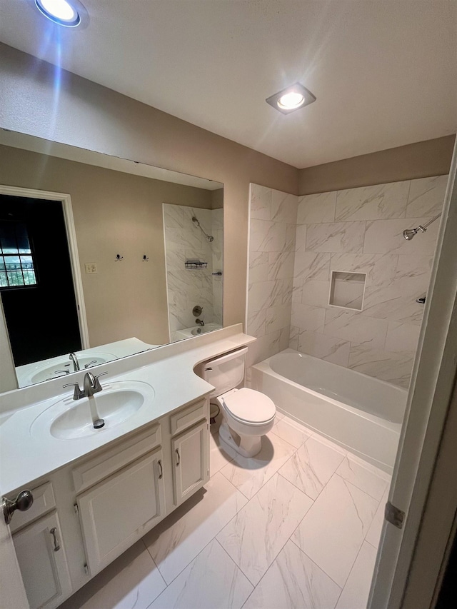 bathroom featuring shower / washtub combination, marble finish floors, toilet, vanity, and recessed lighting
