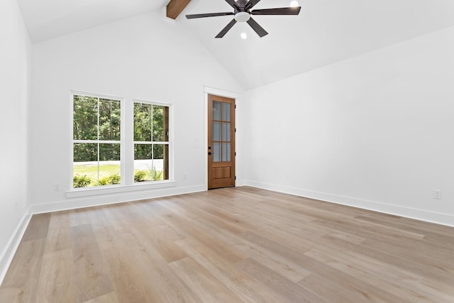 spare room featuring beamed ceiling, ceiling fan, high vaulted ceiling, and light hardwood / wood-style flooring