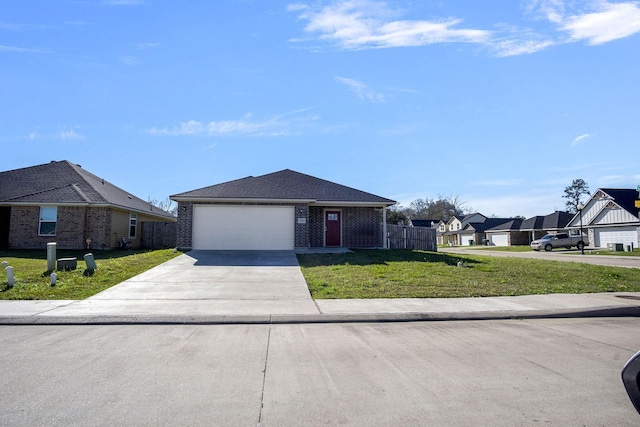 ranch-style house with a garage, brick siding, a front lawn, and fence