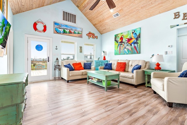 living room featuring light hardwood / wood-style flooring, high vaulted ceiling, ceiling fan, and wooden ceiling