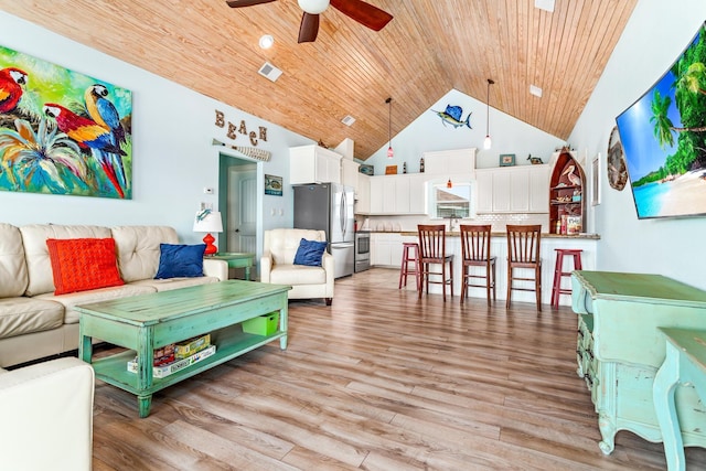 living room with light hardwood / wood-style flooring, high vaulted ceiling, ceiling fan, and wood ceiling