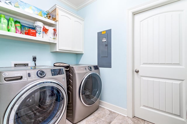 clothes washing area featuring cabinets, independent washer and dryer, electric panel, crown molding, and light tile patterned floors