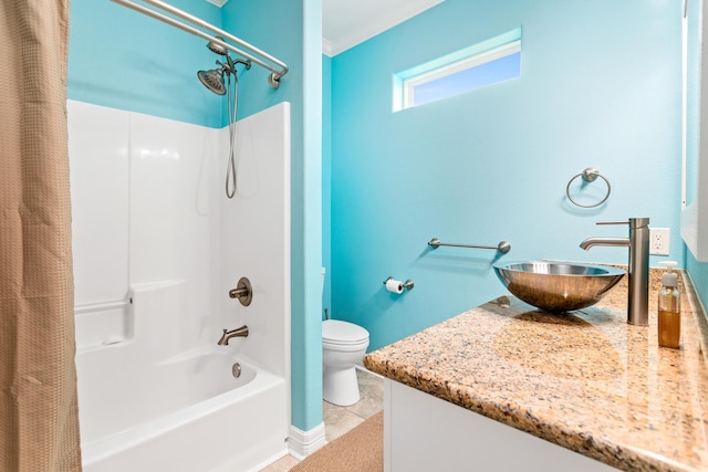 full bathroom with vanity, tile patterned flooring, shower / bathtub combination with curtain, and toilet