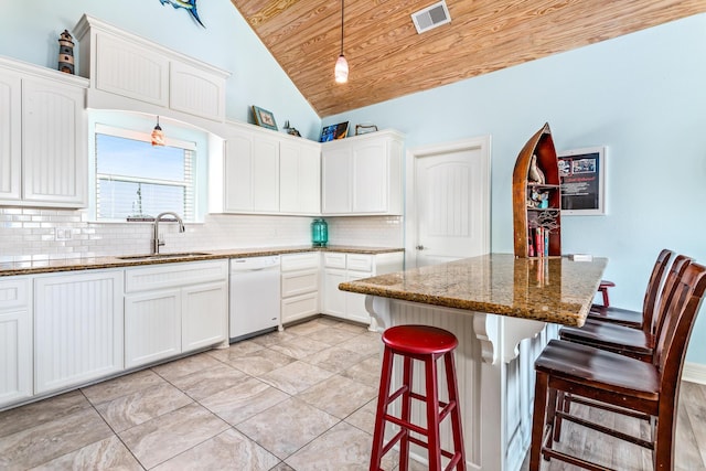 kitchen with dishwasher, wooden ceiling, sink, and decorative light fixtures