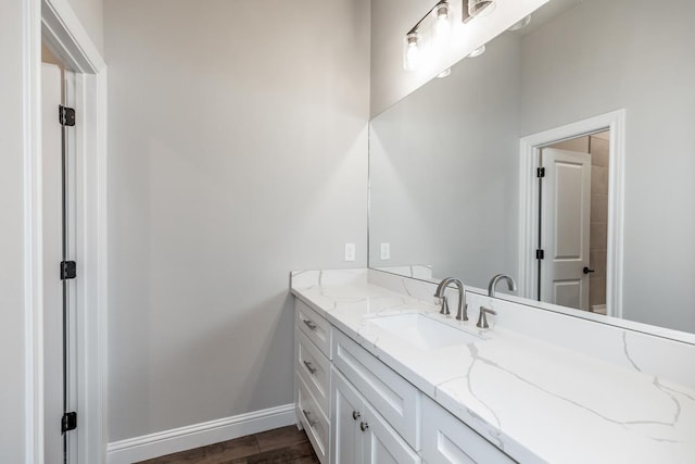 bathroom with vanity and wood-type flooring