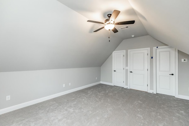 bonus room featuring carpet flooring, ceiling fan, and lofted ceiling