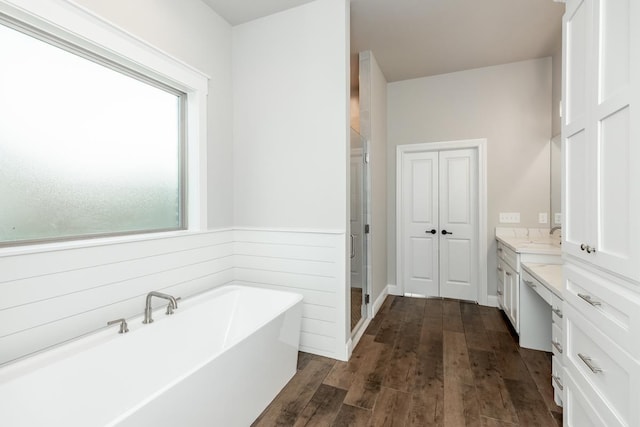 bathroom with a bathing tub, vanity, and hardwood / wood-style flooring