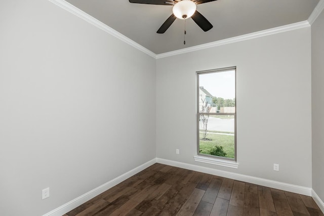 empty room with dark hardwood / wood-style floors, ceiling fan, and crown molding