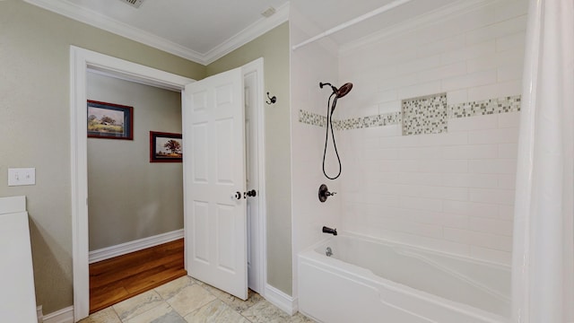 310 Junker Rd, Beaumont, TX 77707 - bathroom featuring shower / tub combo with curtain, crown molding, and baseboards