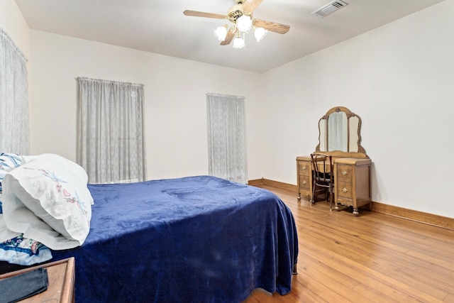 bedroom with ceiling fan and wood-type flooring