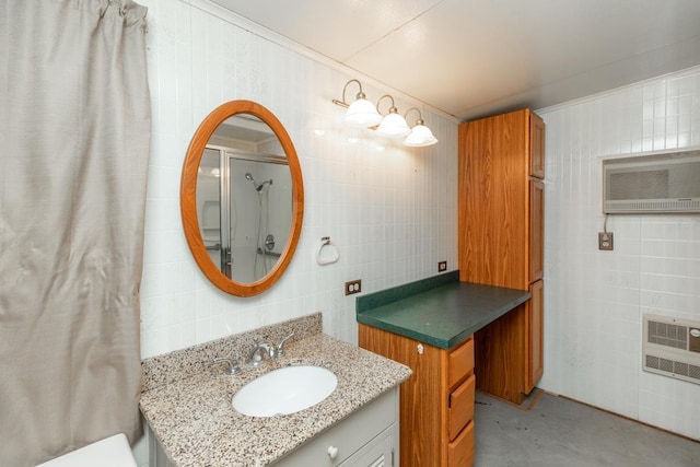 10754 Bonwell Loop, Kountze, TX 77625 - full bathroom with tile walls, a wall unit AC, curtained shower, vanity, and backsplash