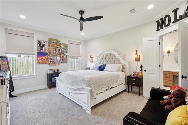 bedroom featuring recessed lighting, baseboards, light colored carpet, and ornamental molding