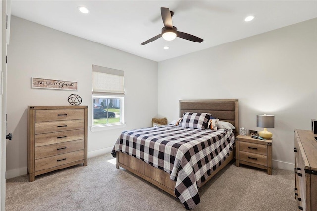 bedroom featuring recessed lighting, baseboards, light carpet, and ceiling fan