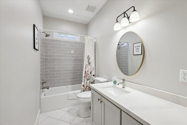 full bathroom with visible vents, toilet, vanity, and shower / bath combination with curtain